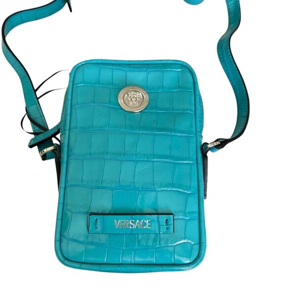 Versace Blue Croc-Embossed Medusa Mini Phone Case Bag 1006192 - Picture 4 of 15